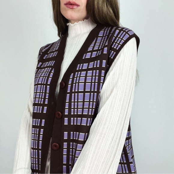 Vintage Pure Wool Gina Teresa Button-Front Plaid Knit Vest in Purple & Brown | L - Picture 2 of 10